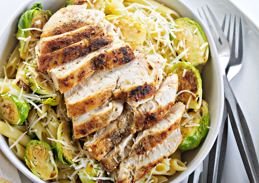 CHICKEN PASTA WITH BRUSSEL SPROUTS